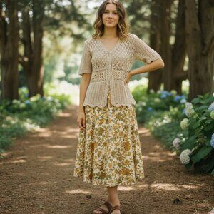 Vintage Nomi Crocheted Short Sleeve Button Up Top Cotton Beige Natural Sizeβ S